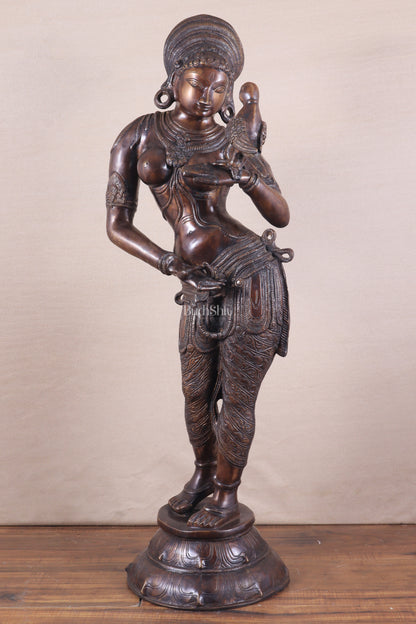 Pure Brass Lady Holding Parrot Sculpture - 38" Chola tone