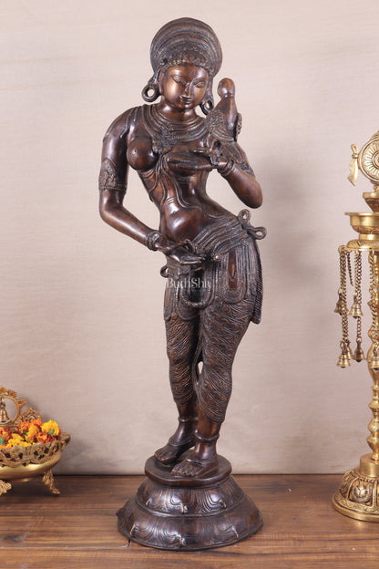 Pure Brass Lady Holding Parrot Sculpture - 38" Chola tone