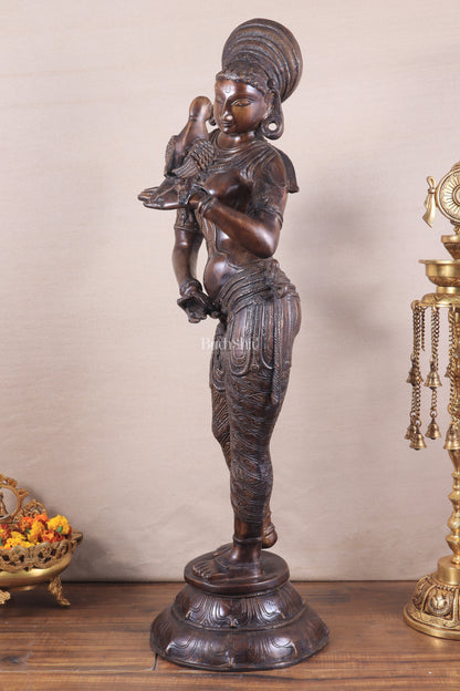 Pure Brass Lady Holding Parrot Sculpture - 38" Chola tone