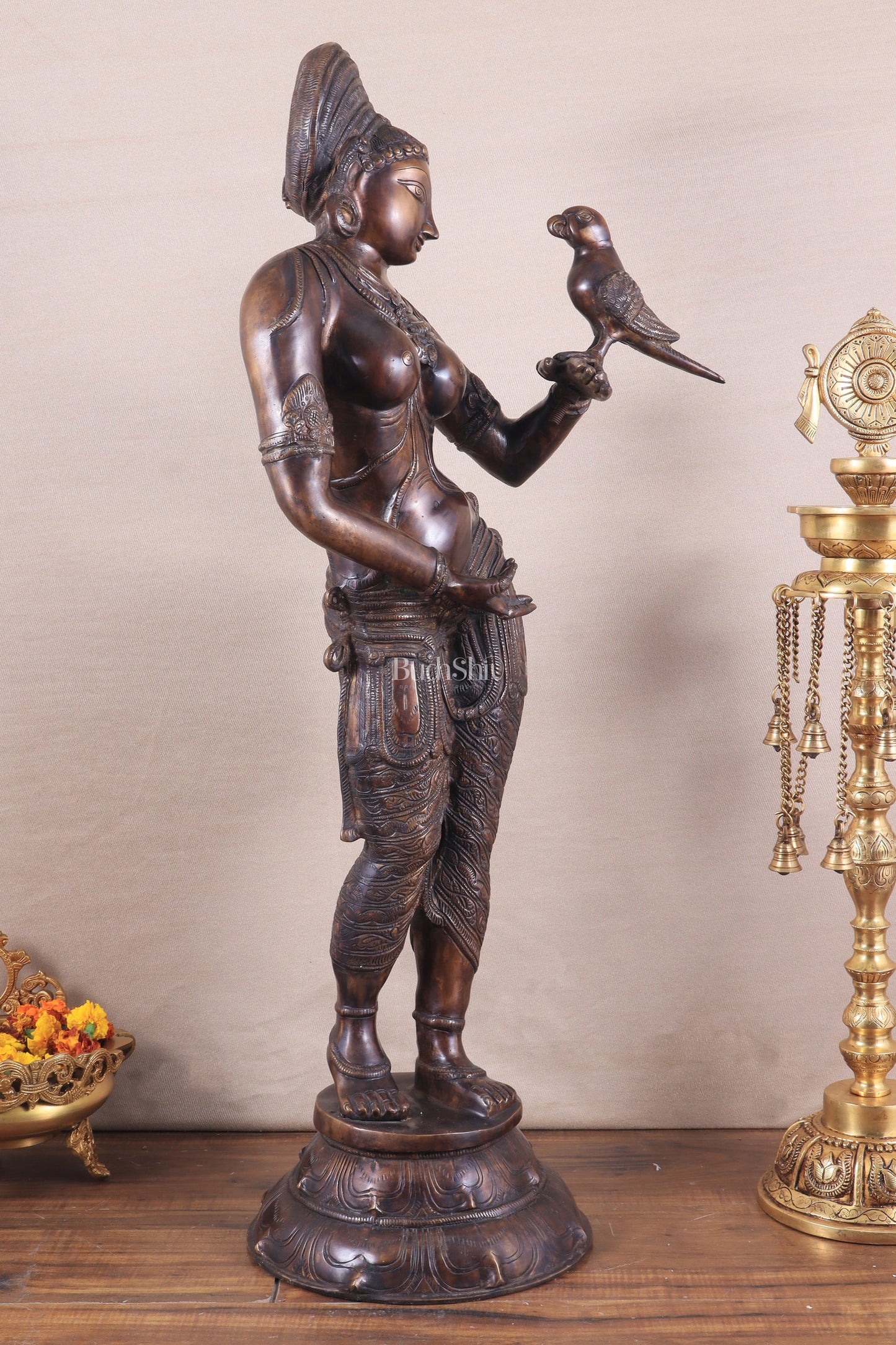 Pure Brass Lady Holding Parrot Sculpture - 38" Chola tone