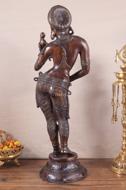 Pure Brass Lady Holding Parrot Sculpture - 38" Chola tone