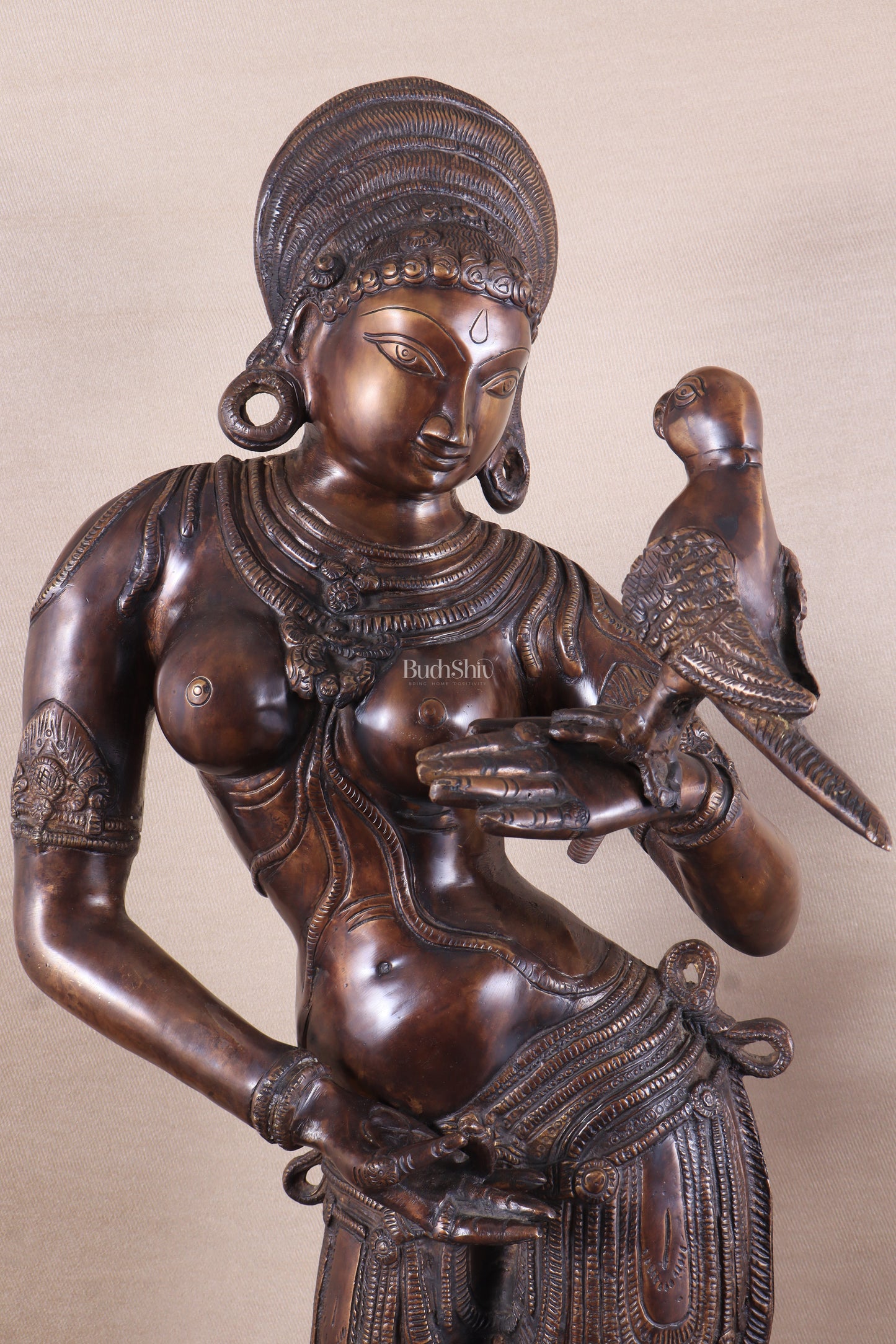 Pure Brass Lady Holding Parrot Sculpture - 38" Chola tone