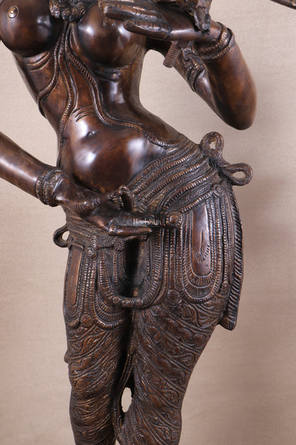 Pure Brass Lady Holding Parrot Sculpture - 38" Chola tone