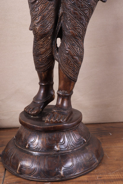 Pure Brass Lady Holding Parrot Sculpture - 38" Chola tone