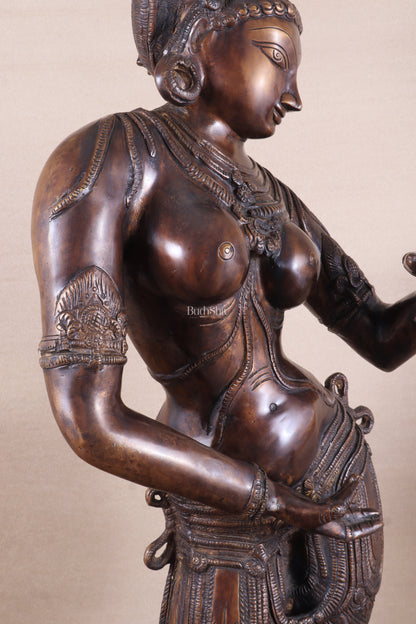 Pure Brass Lady Holding Parrot Sculpture - 38" Chola tone