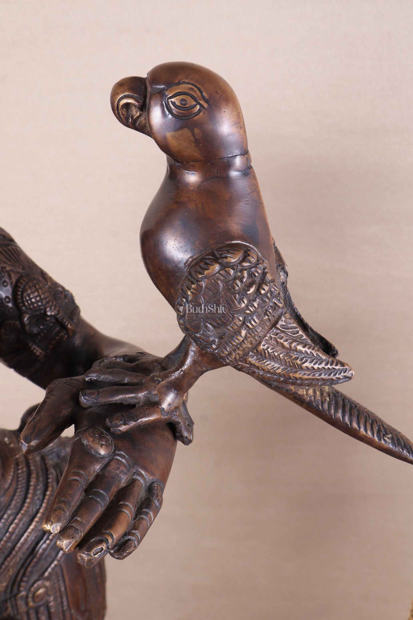 Pure Brass Lady Holding Parrot Sculpture - 38" Chola tone