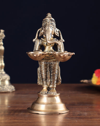 Pure Brass Lord Ganesha Holding Two Diyas small 5.5"