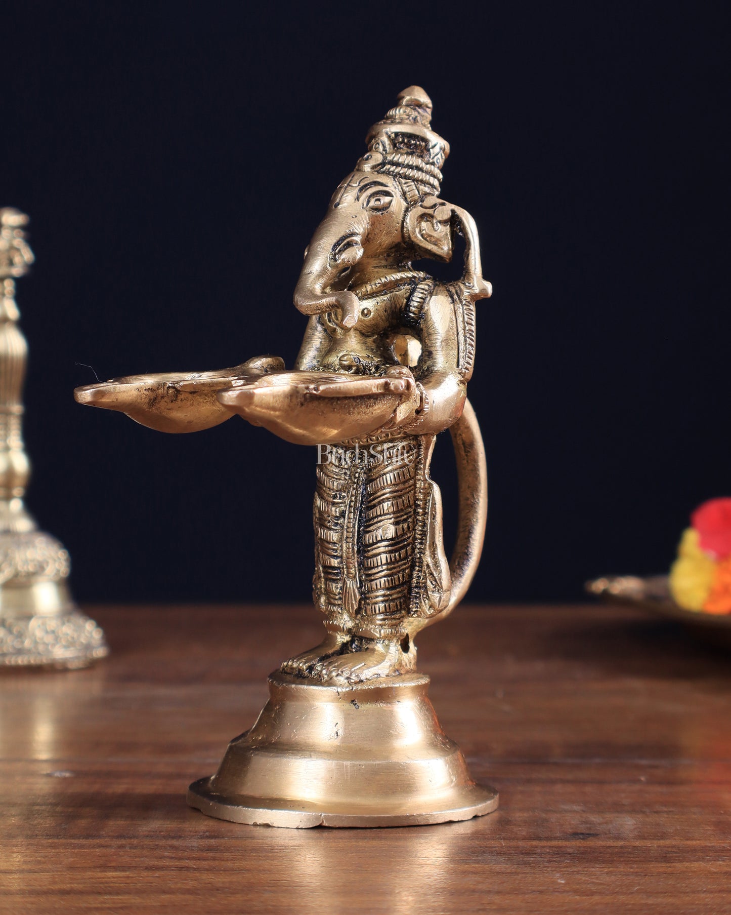 Pure Brass Lord Ganesha Holding Two Diyas small 5.5"