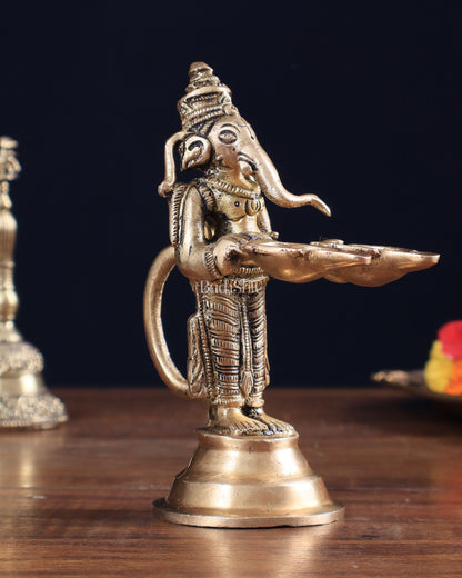 Pure Brass Lord Ganesha Holding Two Diyas small 5.5"