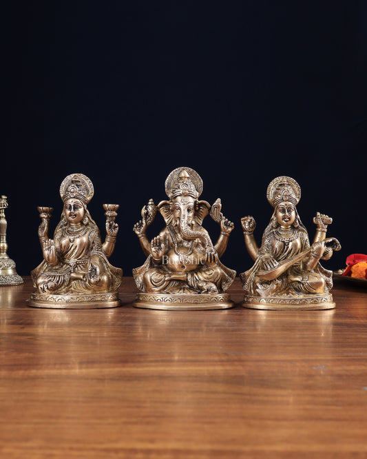 Pure Brass Ganesh, lakshmi and Saraswati idols set 6"