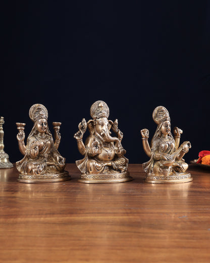 Pure Brass Ganesh, lakshmi and Saraswati idols set 6"