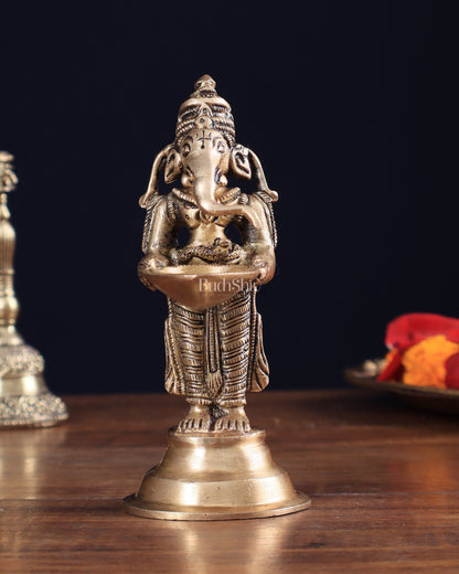 Brass Ganesha Holding Single Diya Statue 5.5"