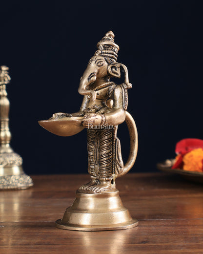 Brass Ganesha Holding Single Diya Statue 5.5"