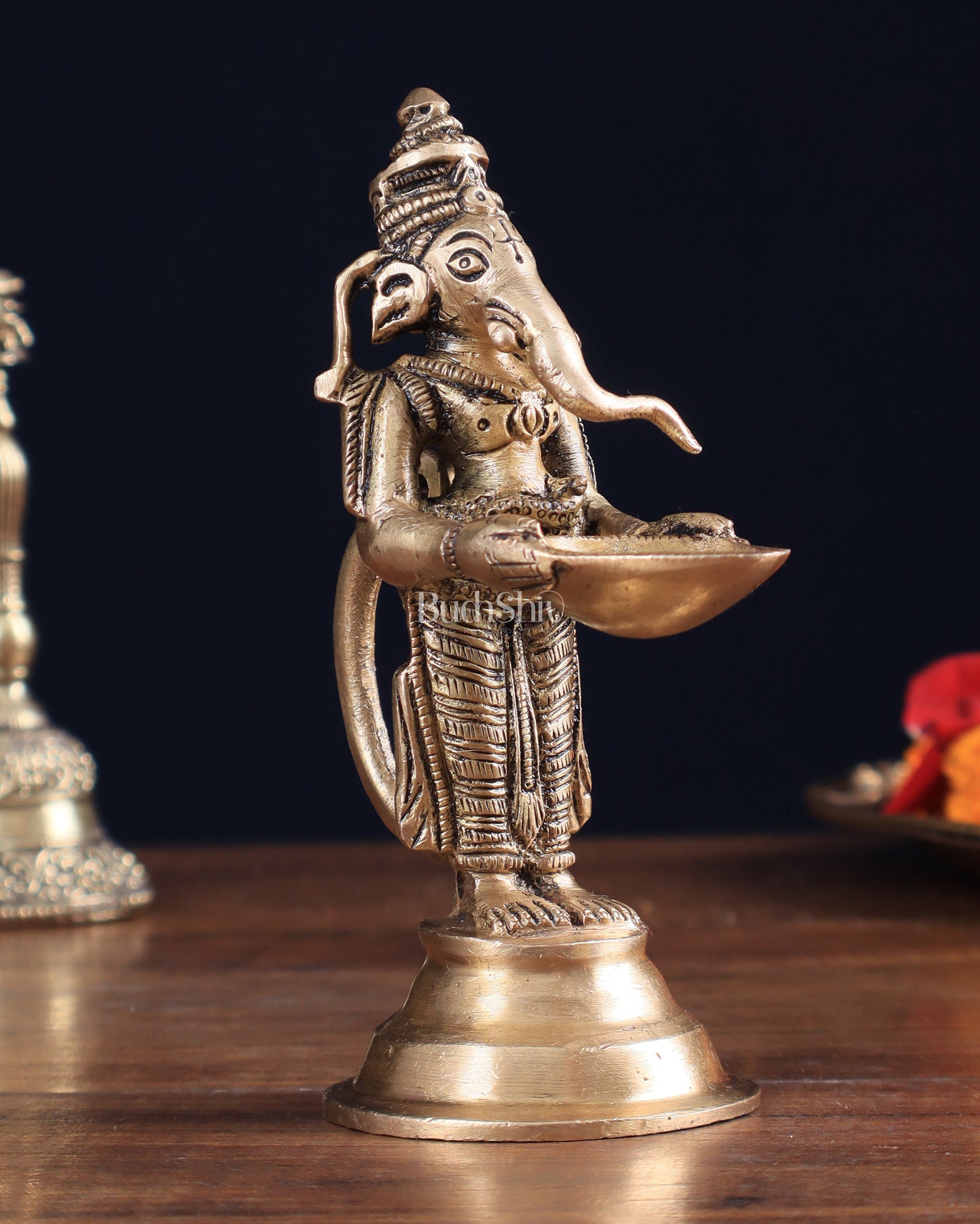 Brass Ganesha Holding Single Diya Statue 5.5"