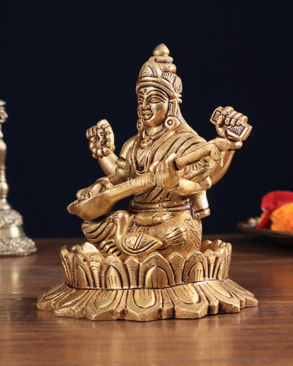 Brass Superfine Saraswati on Lotus Idol | 5.5" Height