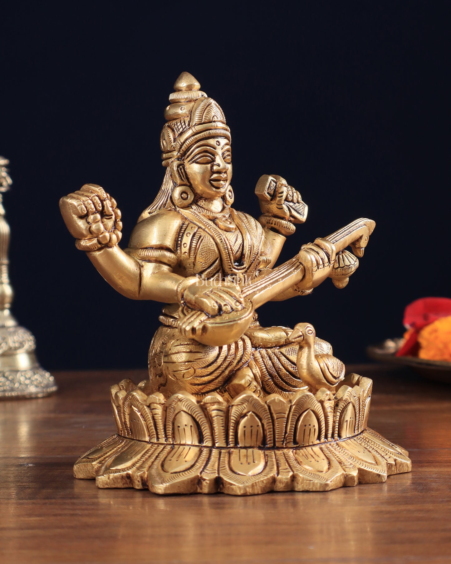 Brass Superfine Saraswati on Lotus Idol | 5.5" Height