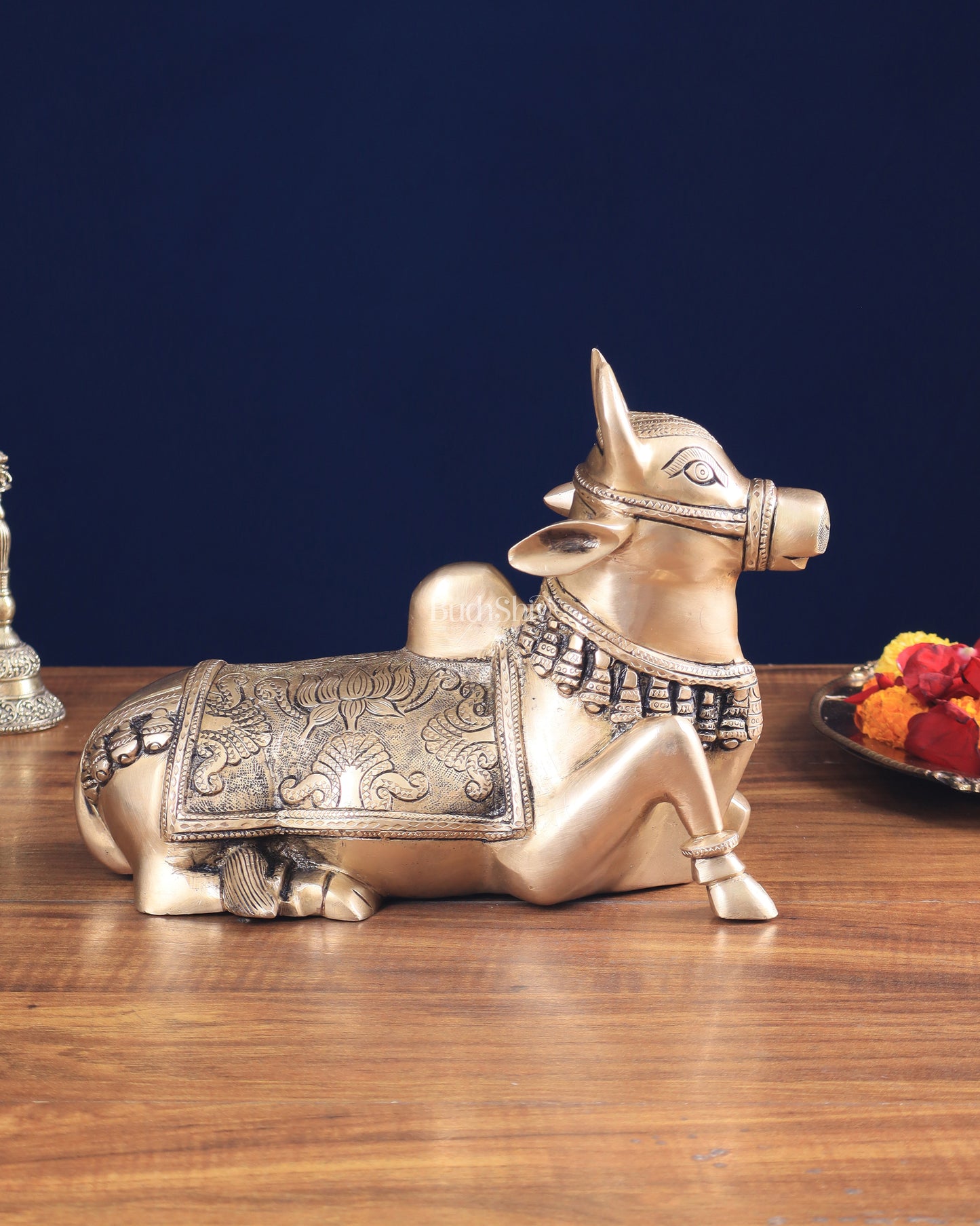 Pure Brass Nandi Bull Statue with Unique Lotus Carvings 10"