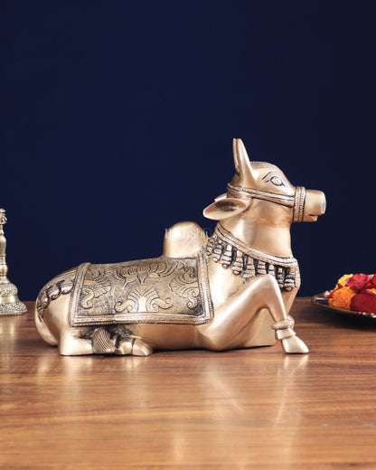 Pure Brass Nandi Bull Statue with Unique Lotus Carvings 10"