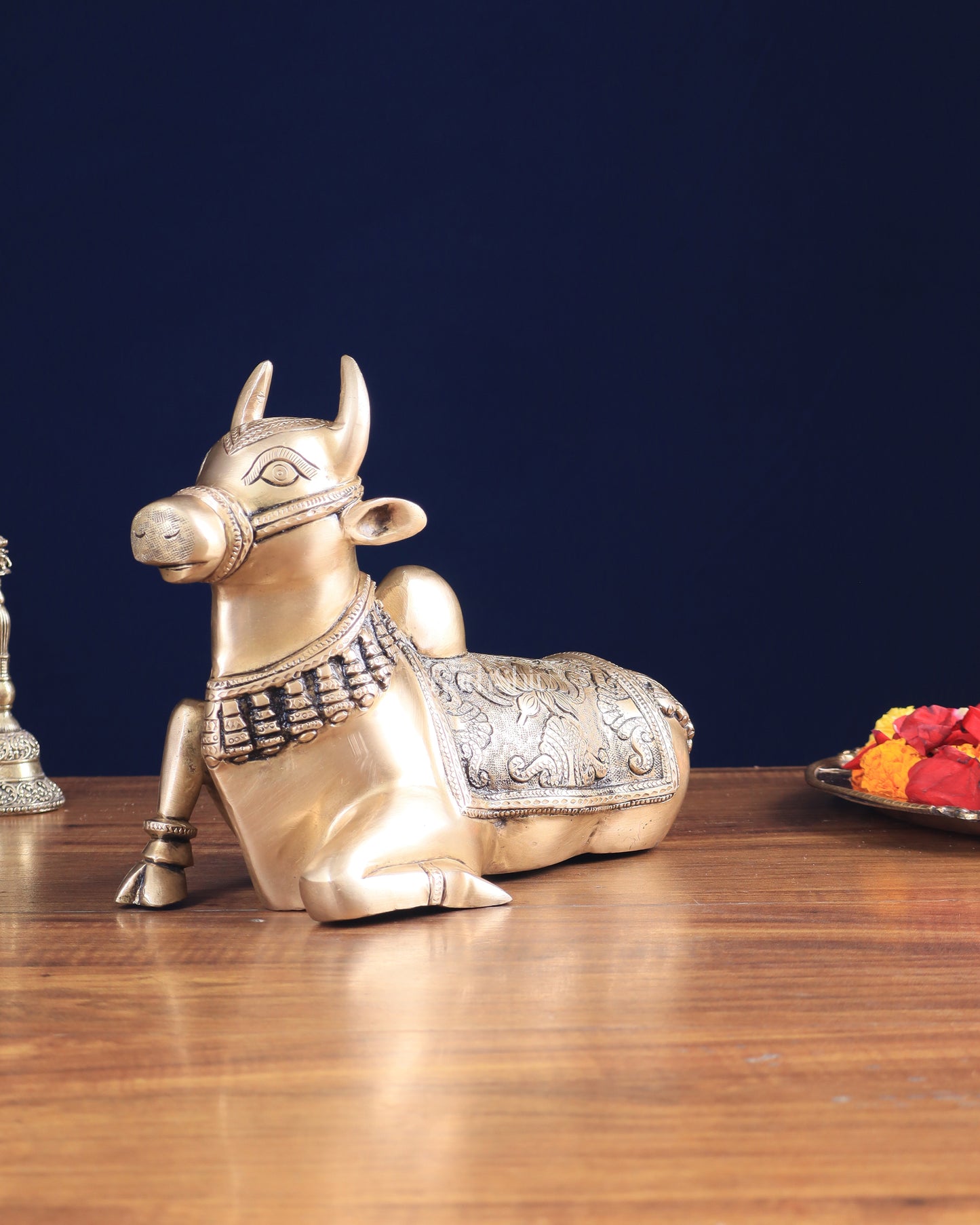 Pure Brass Nandi Bull Statue with Unique Lotus Carvings 10"