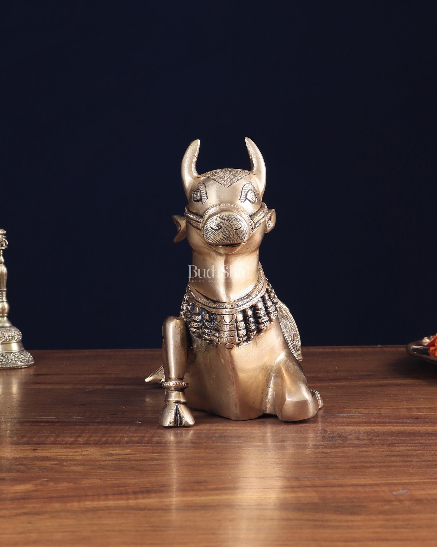 Pure Brass Nandi Bull Statue with Unique Lotus Carvings 10"