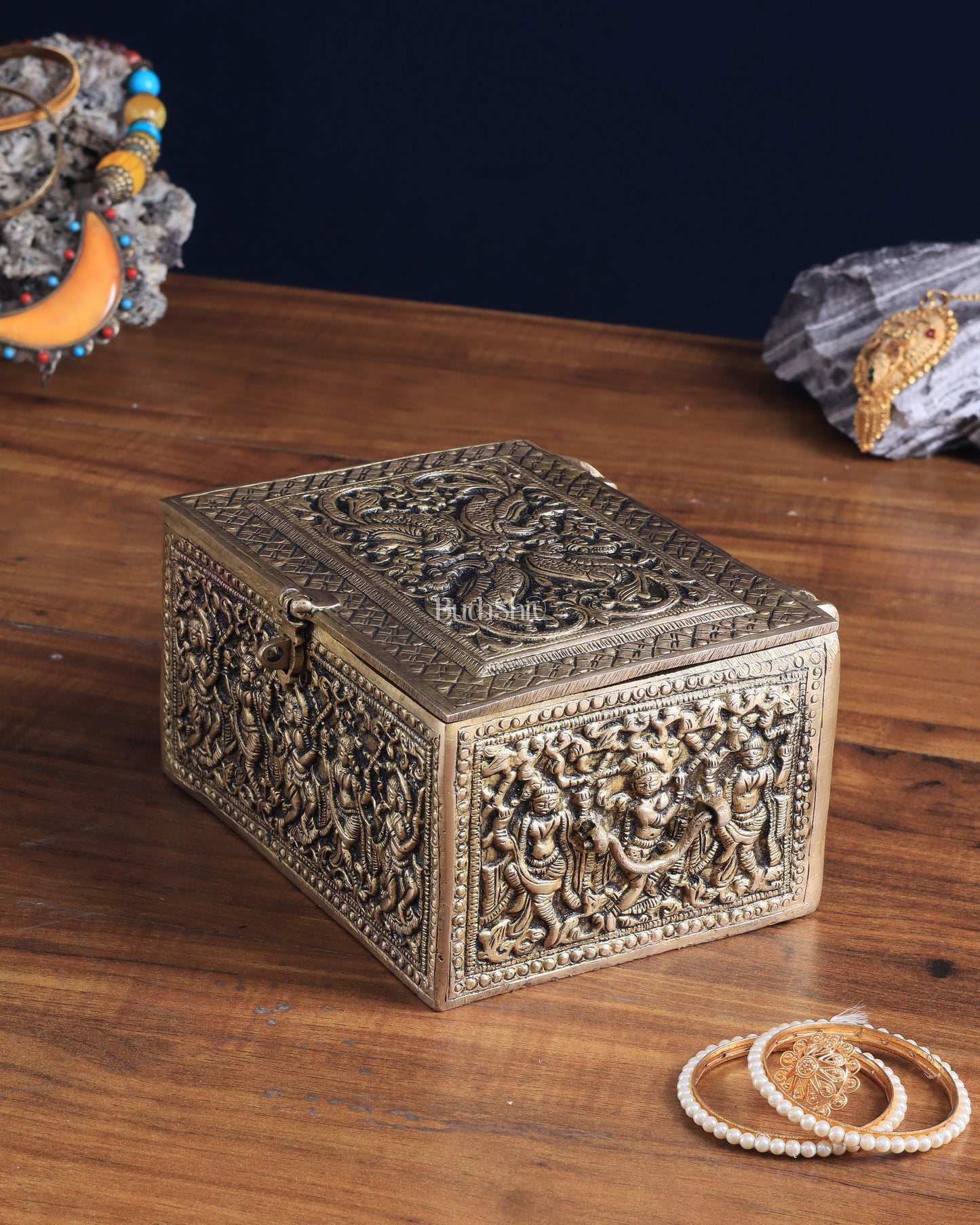 Pure Brass Unique Jewelry Treasure Storage Box – Multipurpose with Intricate Carvings