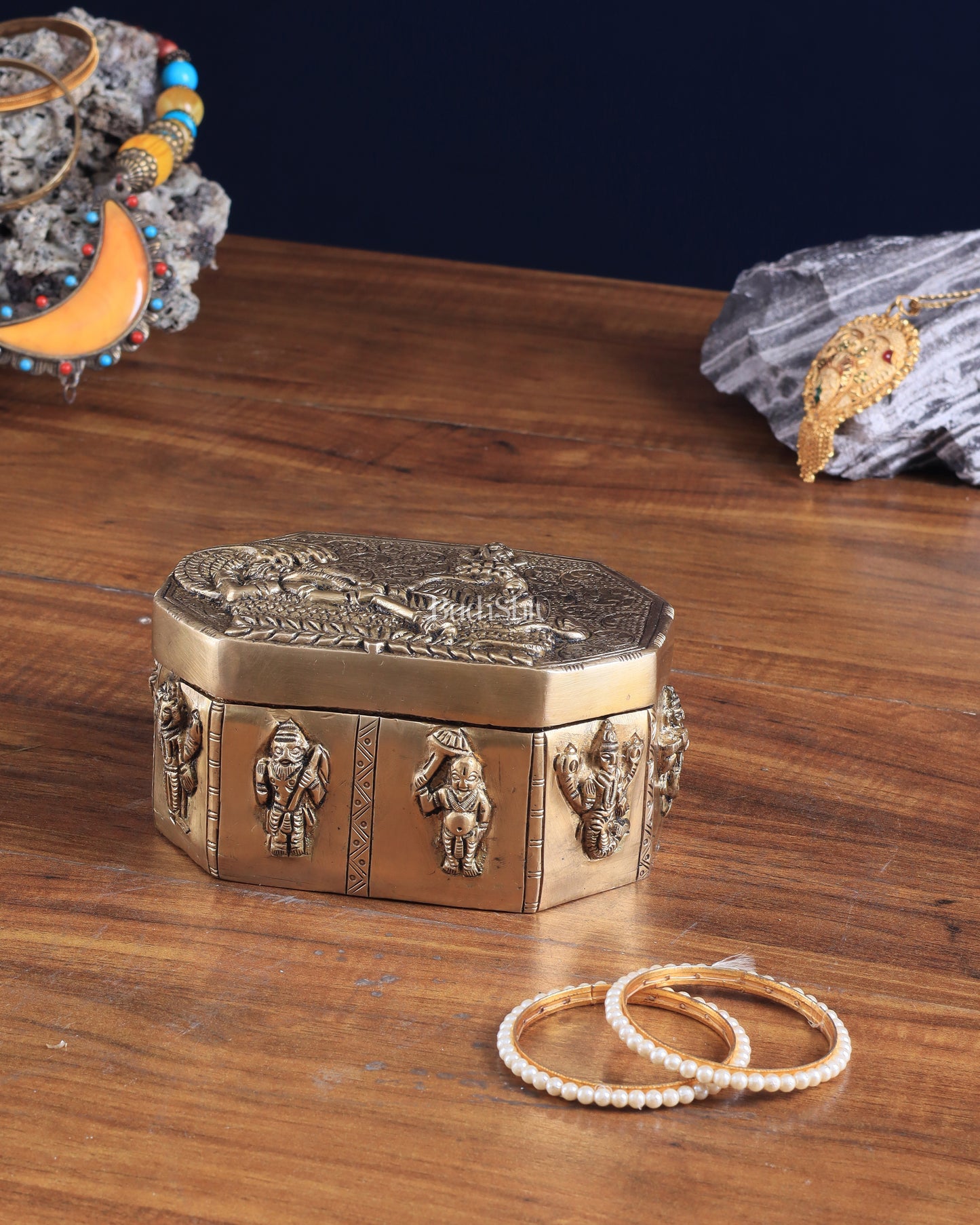 Unique Brass Lord Vishnu Multipurpose Storage Box with Dashavatar Carvings