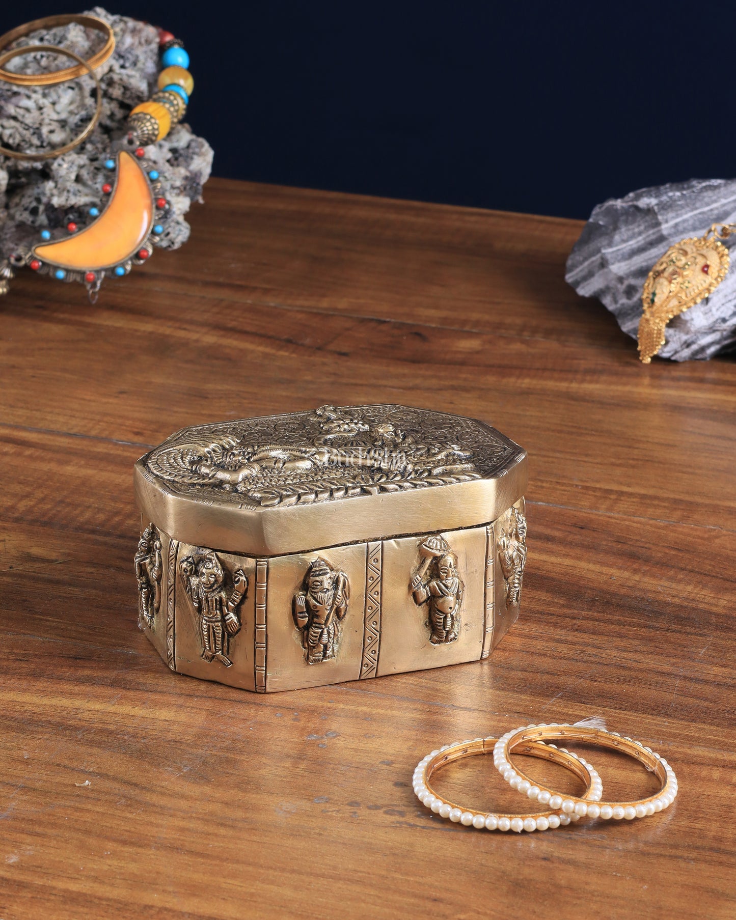 Unique Brass Lord Vishnu Multipurpose Storage Box with Dashavatar Carvings