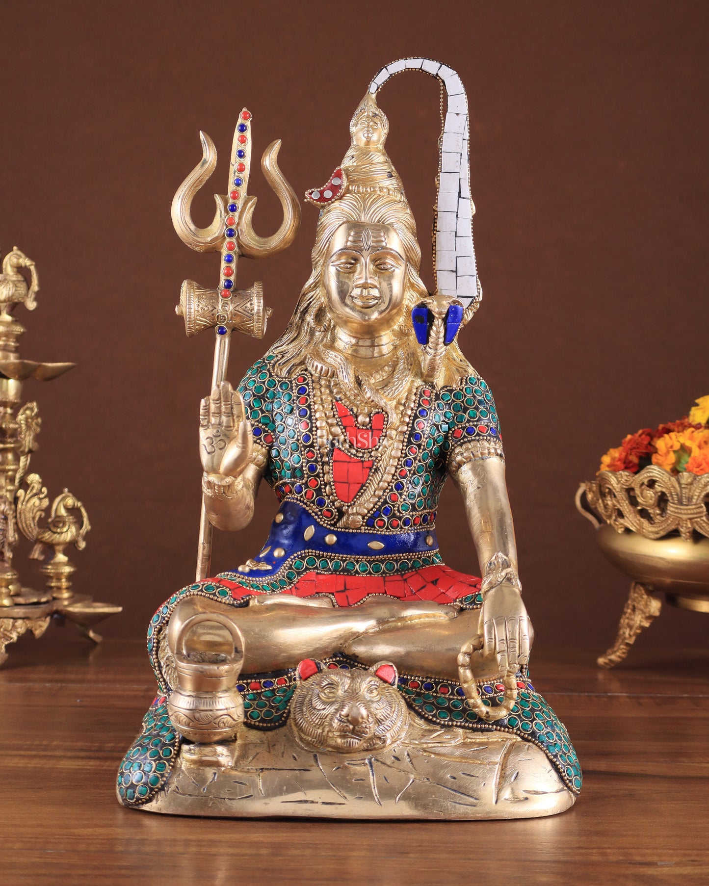 Pure Brass Highly Detailed Lord Shiva Statue | 14 Inch meenakari Stonework