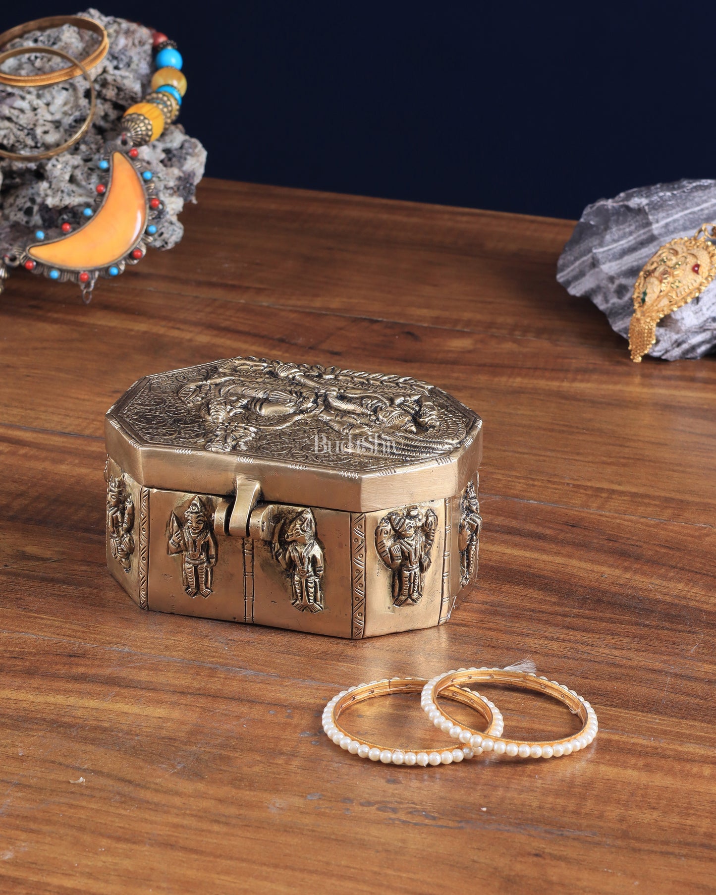 Unique Brass Lord Vishnu Multipurpose Storage Box with Dashavatar Carvings