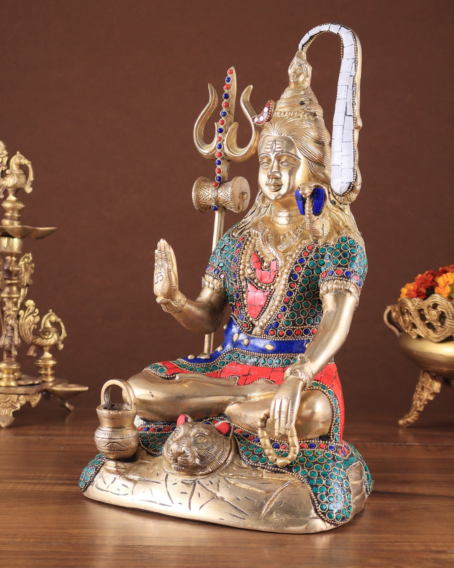 Pure Brass Highly Detailed Lord Shiva Statue | 14 Inch meenakari Stonework