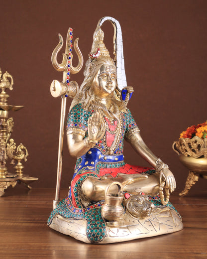 Pure Brass Highly Detailed Lord Shiva Statue | 14 Inch meenakari Stonework