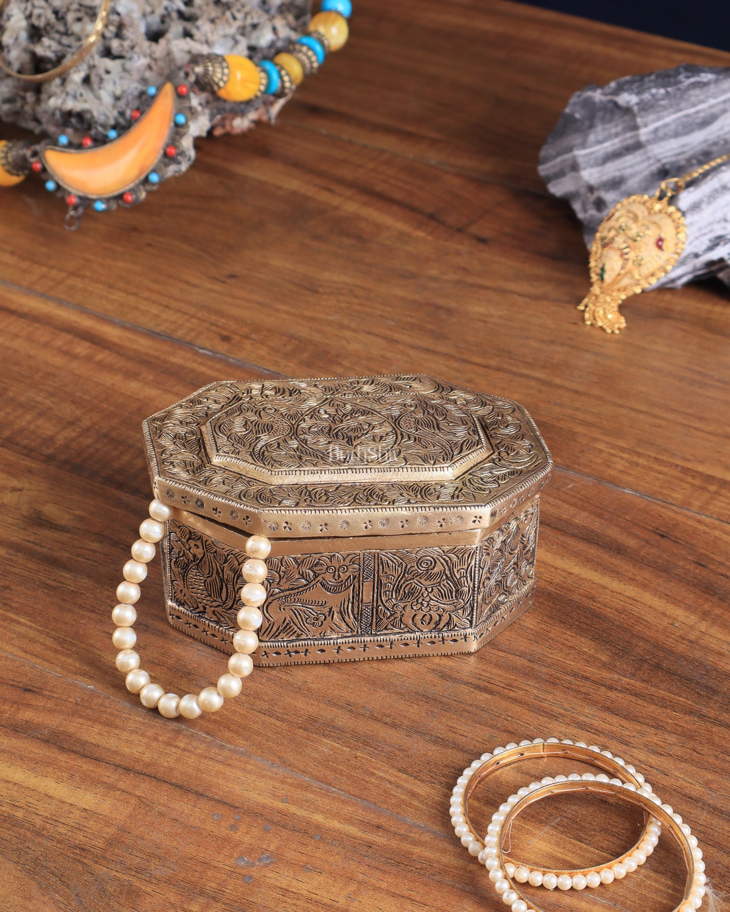 Pure Brass Multipurpose Storage Box with Animal Carvings