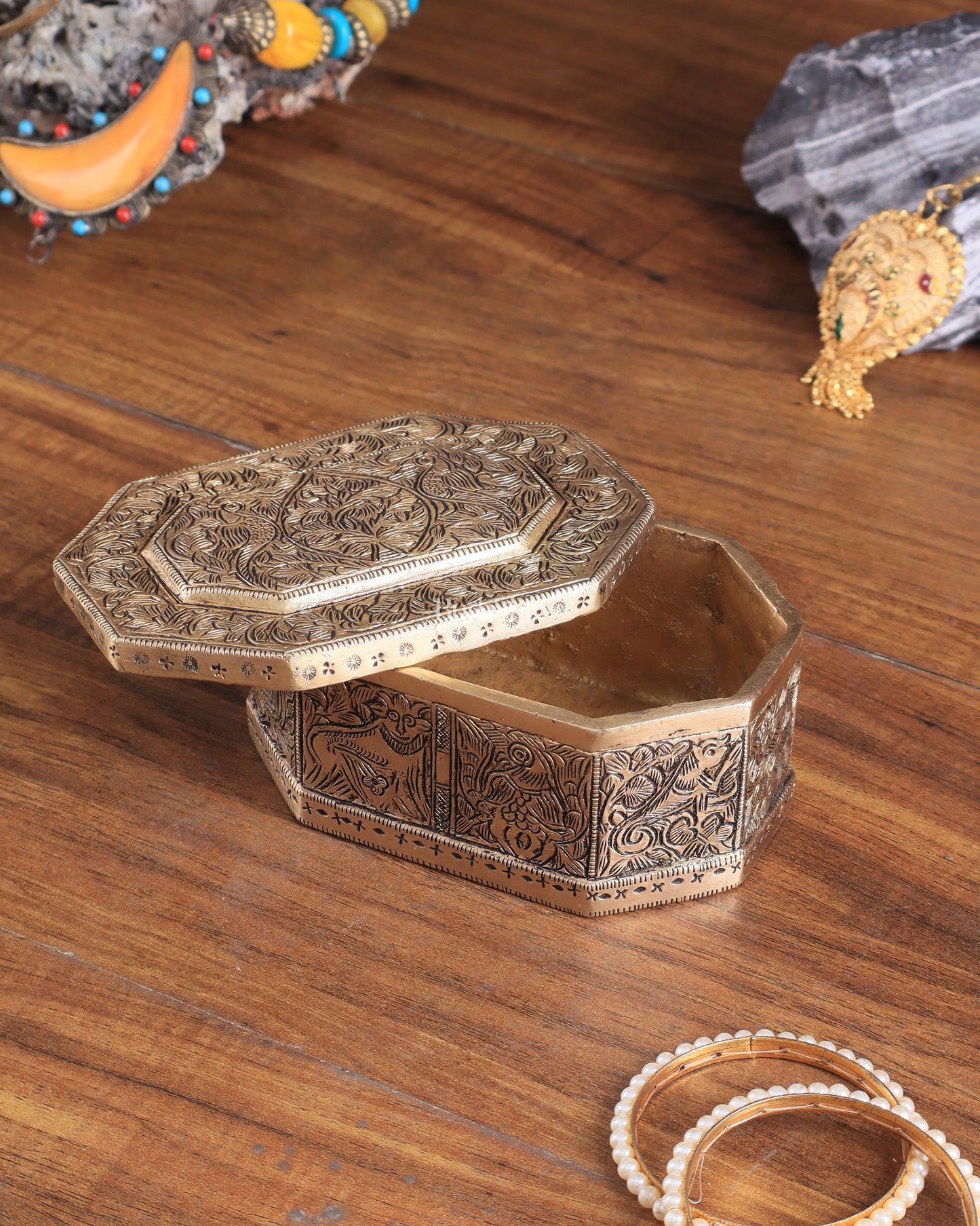 Pure Brass Multipurpose Storage Box with Animal Carvings