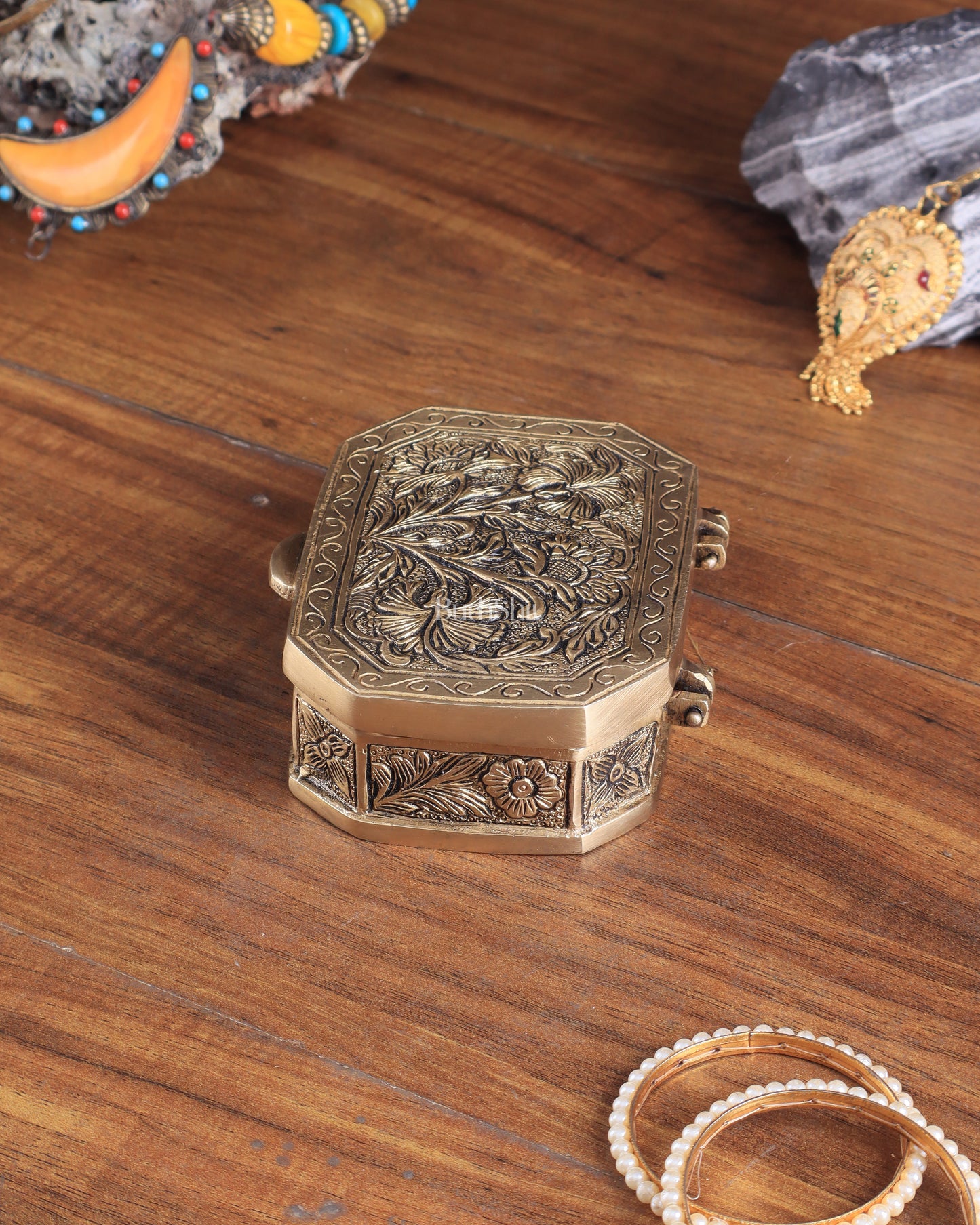 Pure Brass Floral Design Multipurpose Storage/Sindoor Box