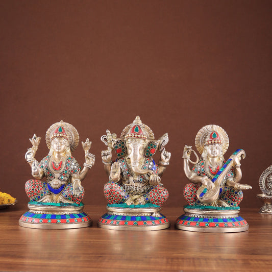 Exquisite Brass Ganesha, Lakshmi, Saraswati Idol Set with Stonework 8"