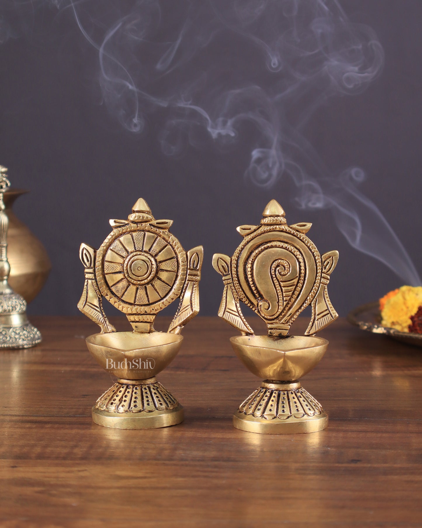 Pure Brass Shankh Chakra Oil Lamps (Pair) 4.5"