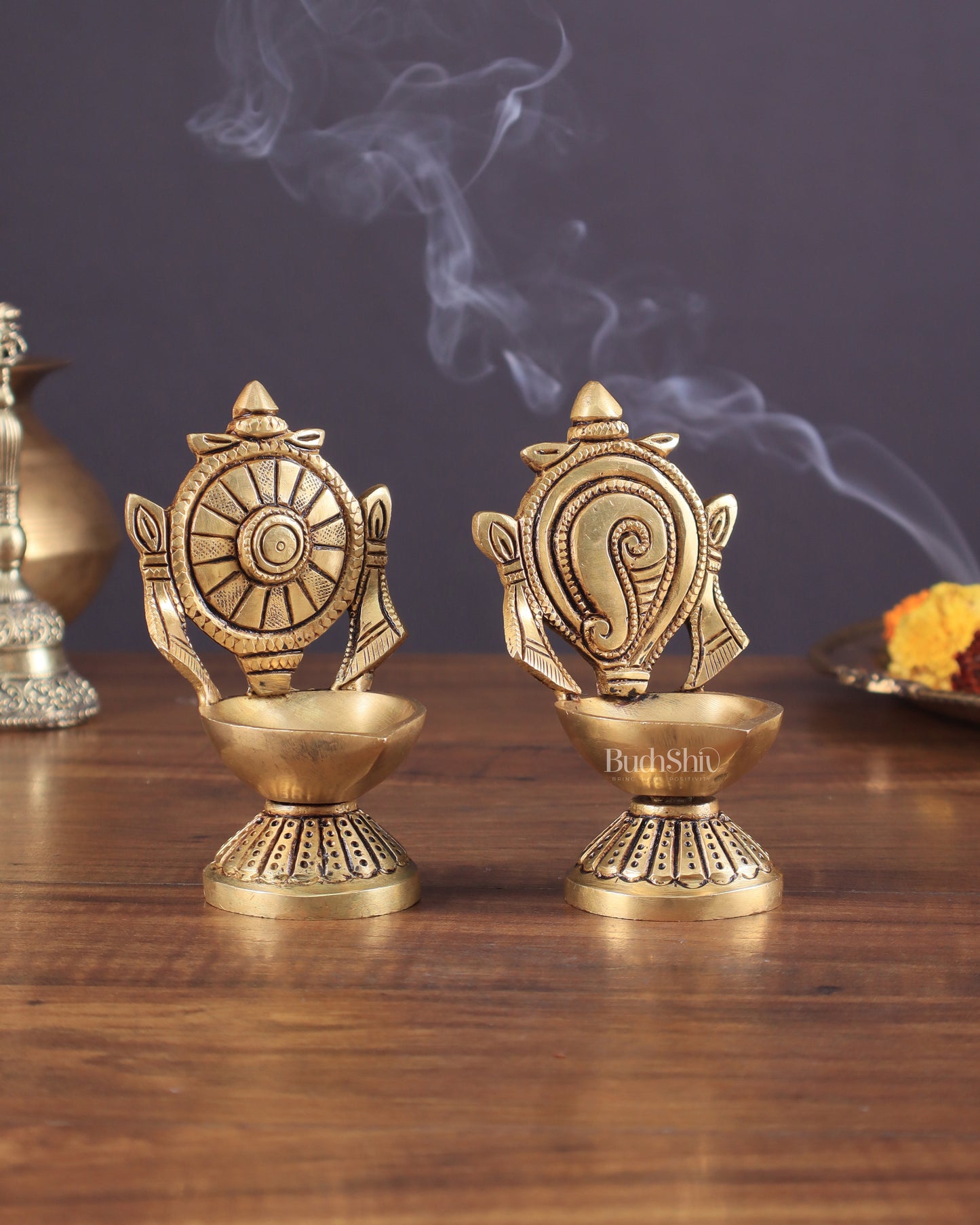 Pure Brass Shankh Chakra Oil Lamps (Pair) 4.5"