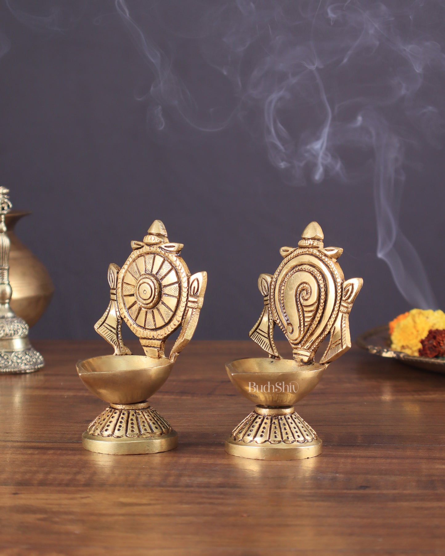 Pure Brass Shankh Chakra Oil Lamps (Pair) 4.5"