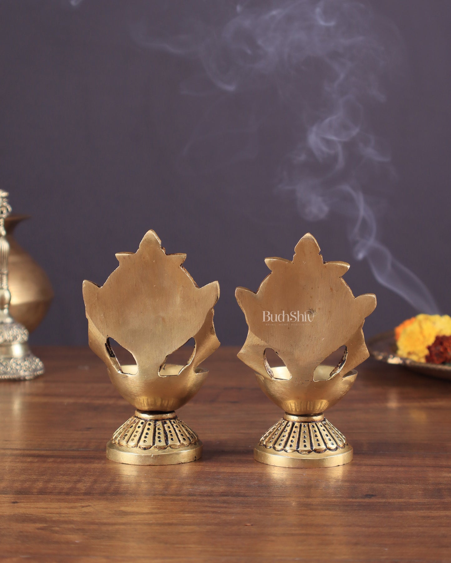 Pure Brass Shankh Chakra Oil Lamps (Pair) 4.5"