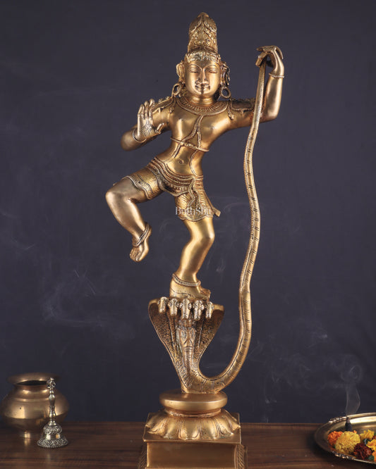 Pure Brass Large Lord Krishna Dancing on Kaliya Naag (Kalinga Narthana Krishna) Sculpture 29"