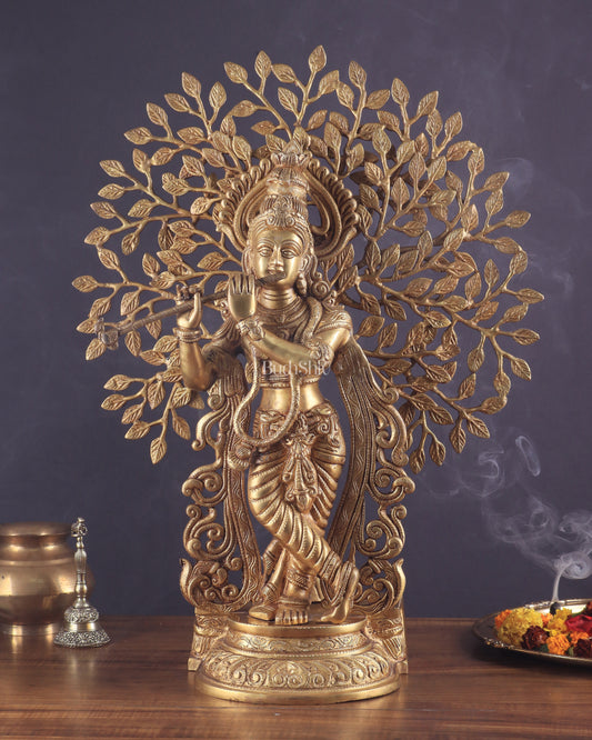 Pure Brass Lord Krishna with Kalpavriksha tree Statue 23"