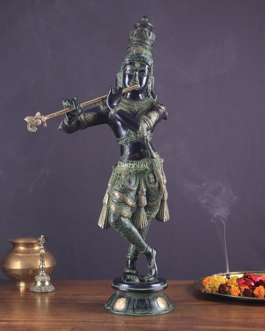 Exquisite Pure Brass Lord Krishna Statue - Black, green and Gold Finish, 23 Inches