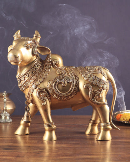 Pure Brass Large Standing Nandi Fully Engraved Sculpture  14"