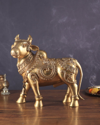 Pure Brass Large Standing Nandi Fully Engraved Sculpture  14"