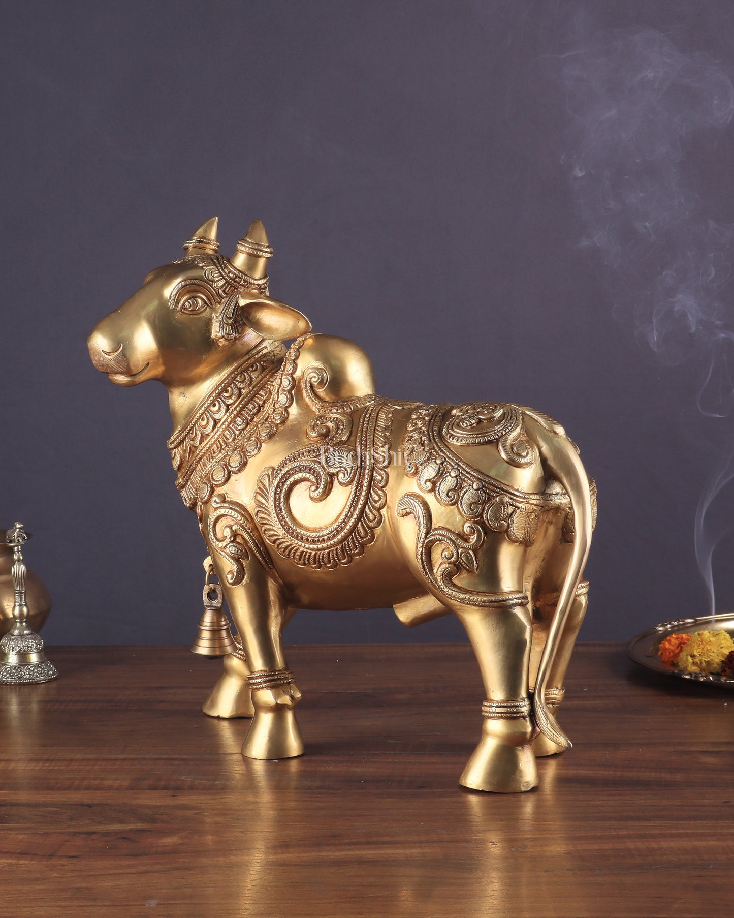 Pure Brass Large Standing Nandi Fully Engraved Sculpture  14"