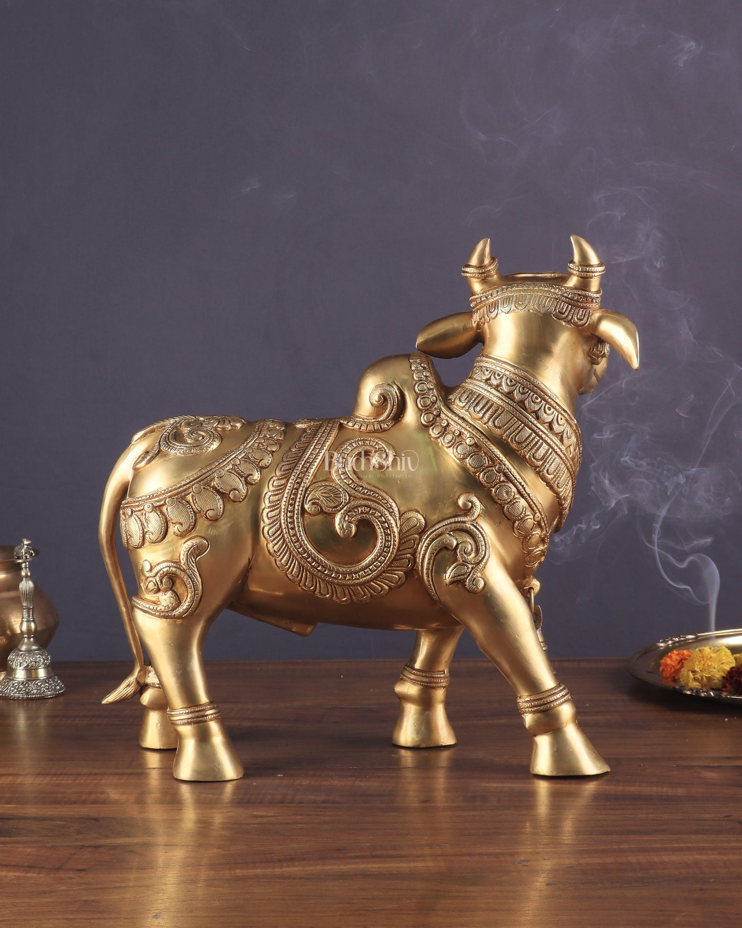 Pure Brass Large Standing Nandi Fully Engraved Sculpture  14"