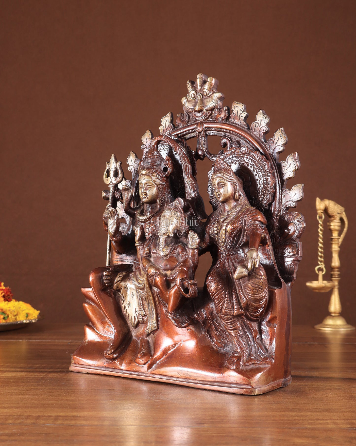 Pure Brass Lord Shiv Parvati with Ganesha Idol and Prabhavali 10.7 inch double chola