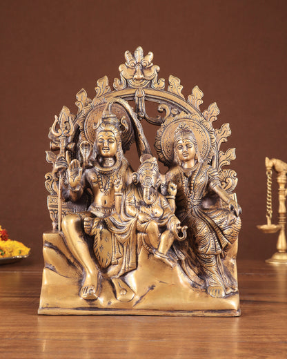 Pure Brass Lord Shiv Parvati with Ganesha Idol and Prabhavali 10.7 inch