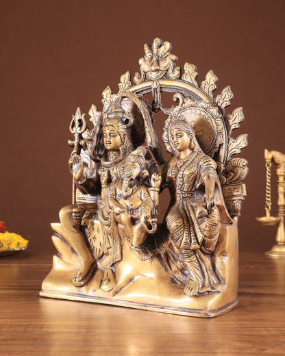 Pure Brass Lord Shiv Parvati with Ganesha Idol and Prabhavali 10.7 inch