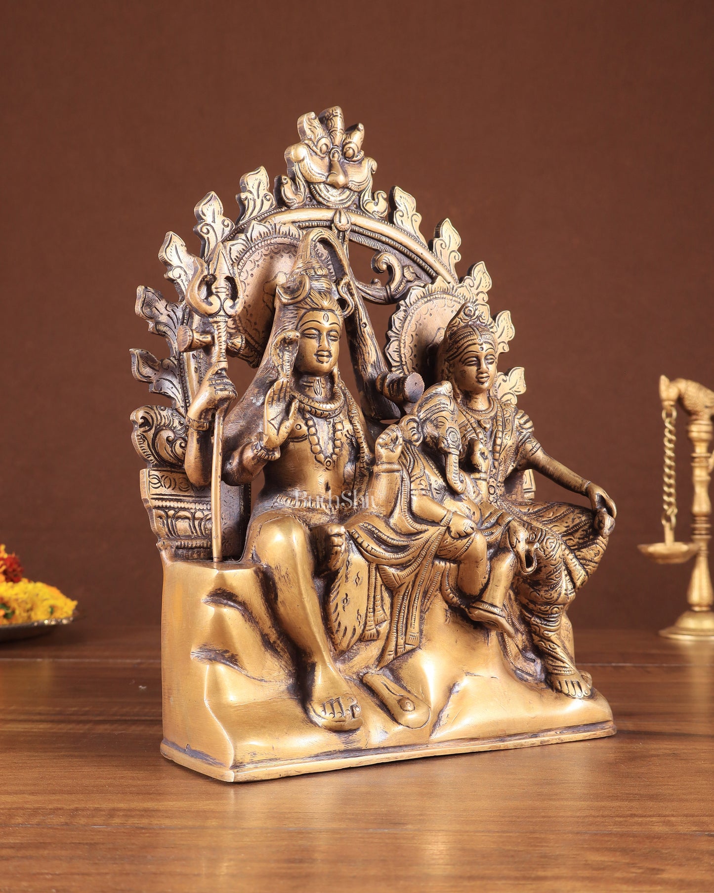 Pure Brass Lord Shiv Parvati with Ganesha Idol and Prabhavali 10.7 inch